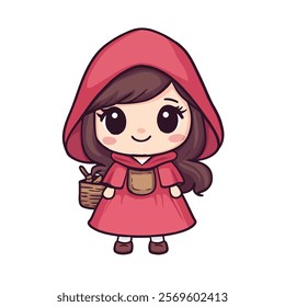 A cute and adorable cartoon character in vector style, featuring a cheerful chibi-style Little Red Riding Hood . Clean vector lines, vibrant pastel colors, and placed on a plain white background 