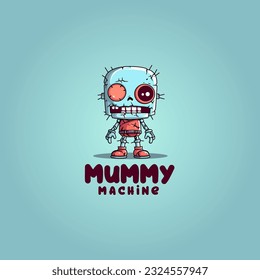 süße adorable Cartoon graue Robotermummy. Mummy-Roboter-Creme-Logo, Vektorgrafik