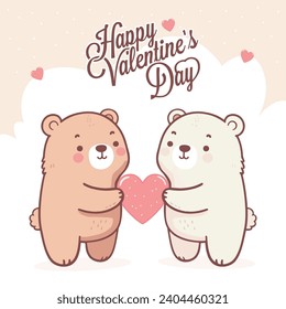 caricatura adorable lindo vectorial plano personaje animal bebé muñeca de oso de peluche regalo forma de corazón rojo en medio, feliz día de San Valentín ilustración de texto tarjetas de felicitación vacaciones enviar amor feliz