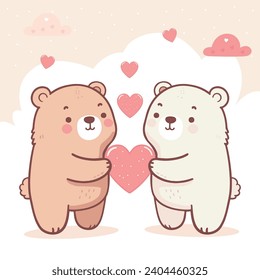 cute adorable cartoon flat vector style animal character baby teddy bear doll couple giving gift red heart shape in middle, happy valentine day illustration, friendship greeting card holidays birthday