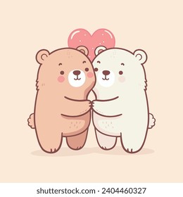 cute adorable cartoon flat vector style animal character baby teddy bear doll couple hugging red heart shape in middle, happy valentine day illustration friendship greeting card holidays birthday wish