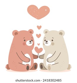 cute adorable cartoon flat vector style animal character baby teddy bear doll couple giving gift red heart shape love in middle, happy valentine day illustration, greeting card holidays birthday party