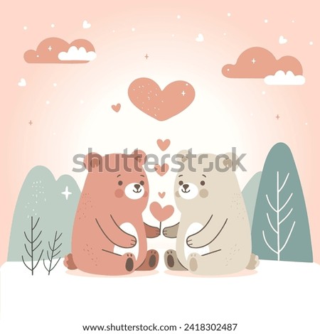cute adorable cartoon flat vector style animal character baby teddy bear doll couple giving gift red heart shape love in middle, happy valentine day illustration cloudy sky natural mountain background