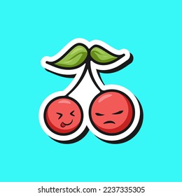 Cute adorable cartoon fresh red cherry couple illustration for sticker icon mascot and logo emoticon