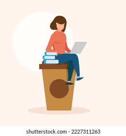 Cute adorable cartoon happy cafe coffee girl study illustration for sticker icon mascot and logo