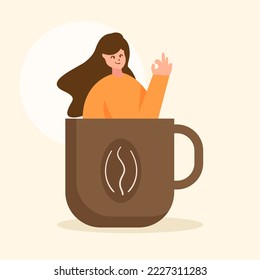 Cute adorable cartoon happy cafe coffee girl woman illustration for sticker icon mascot and logo