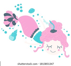 A cute adorable cartoon little mermaid girl who swims in the sea with shells and bubbles and dreams. Isolated childrens illustration on a white background. For printing on baby clothes, poster. Vector