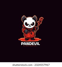 cute adorable cartoon panda being a devil carrying a stick. panda into red ghost mascot logo vector illustration