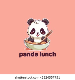 cute adorable cartoon panda in a bowl with food chopsticks. panda eating in a bowl mascot logo vector illustration