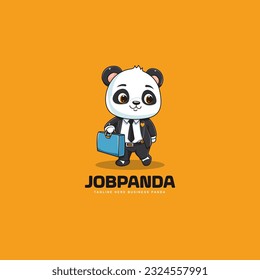 cute adorable cartoon panda wearing a suit and carrying a bag. panda wearing suit mascot logo vector illustration