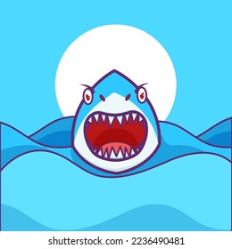 Cute adorable cartoon sea shark with opened mouth illustration for sticker icon mascot and logo