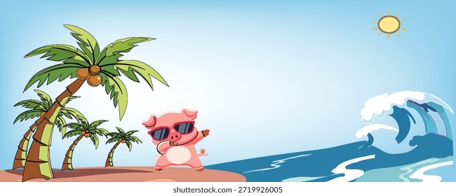 Una linda y adorable Ilustración vectorial de dibujos animados con un lindo cerdo bailando en la playa mientras usa elegantes gafas de sol. Perfecto para niños, temas de fiesta y amantes de los animales. Estilo de dibujos animados.
