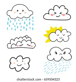 Cute and adorable cartoon weather clouds icon set. Can be used for textile, prints, child clothing, cards, posters and more