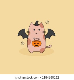 Cute adorable cat in bat costume for halloween and pumpkin