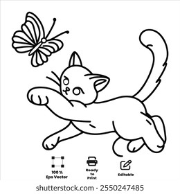 Gato adorable lindo con el gatito, y la mariposa Dibujos para colorear para los niños Libro, dibujado a mano arte de línea audaz, dibujo para colorear Libro de actividad Ilustración vectorial