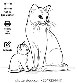 Cute Adorable Cat with kitten Coloring pages for kids coloring Book, Hand drawn bold line art, sketch coloring Activity book  vector illustration