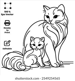 Cute Adorable Cat with kitten Coloring pages for kids coloring Book, Hand drawn bold line art, sketch coloring Activity book  vector illustration