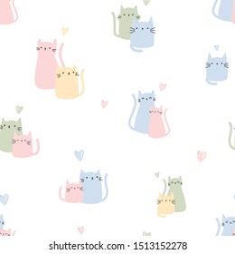 Cute adorable cat kitten couple lover cartoon doodle seamless pattern background wallpaper pastel, can use for wrapping paper, nursery or print on product, vector eps10