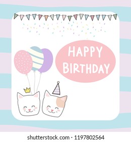 Cute adorable cat kitten face cartoon invitation card frame with Happy Birthday text background wallpaper vector eps10