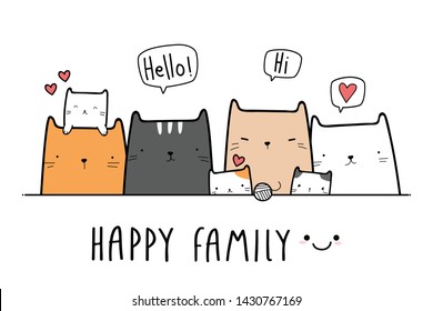 Cute adorable cat kitten family greeting cartoon doodle on white background wallpaper