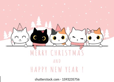 Cute adorable cat kitten family greeting merry christmas and happy new year celebration festival cartoon doodle background wallpaper. can use for nursery or print on product. vector eps