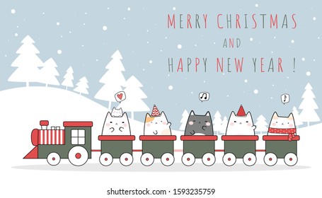 Cute adorable cat kitten family greeting merry christmas and happy new year celebration festival riding train cartoon doodle background wallpaper. can use for nursery or print on product. vector eps