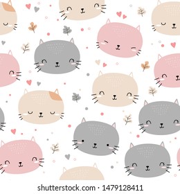 Cute adorable cat kitten head pastel color cartoon doodle seamless pattern background wallpaper cover banner
