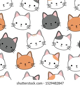 Cute adorable cat kitten head cartoon doodle seamless pattern on white backgroun wallpaper, can use for wrapping paper or print on product, vector eps10
