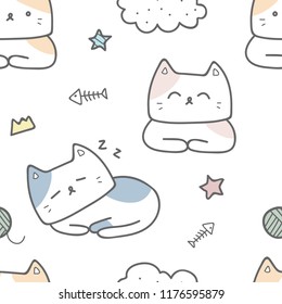 Cute adorable cat kitten pastel cartoon doodle seamless pattern background wallpaper vector eps10