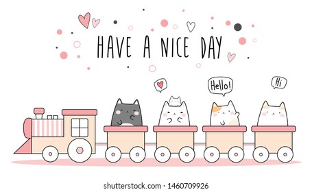 Cute adorable cat kitten riding train and greeting cartoon doodle backgroun wallpaper banner cover