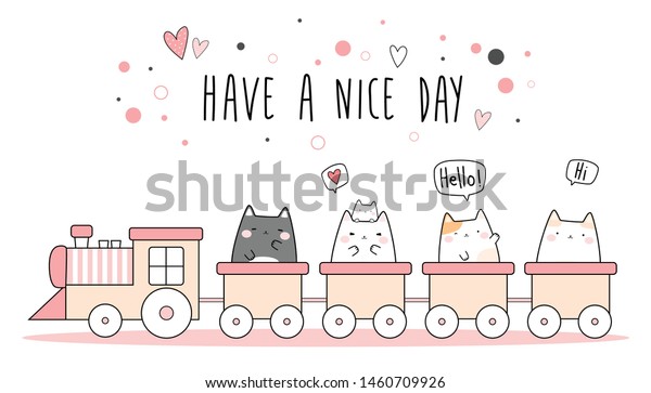 Cute Adorable Cat Kitten Riding Train: стоковая векторная графика (без ...