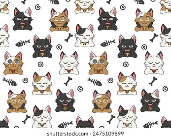 Cute and adorable cat patterns, black, white, orange cats with fish bones and bells 