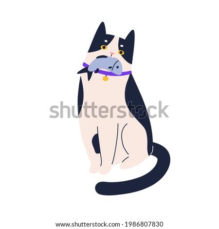 Cute adorable cat sitting with fish in mouth. Sweet funny kitty with food in teeth. Portrait of lovely spotty kitten. Colored flat vector illustration of pet isolated on white background