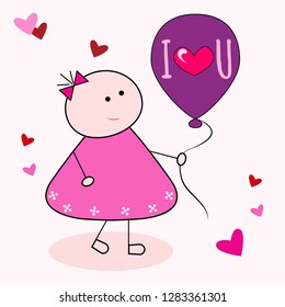 Cute adorable charming little girl dressed in bright vivid pink dress holding ultraviolet purple balloon isolated on light background. Beautiful woman in love. Vector happy valentines day illustration