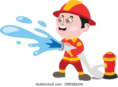 A Cute and Adorable Child Character in Cartoon Style. Kindergarten Preschool Kid Dressed as Professional Firefighter. Small Kid with firehose throwing water. Dream job. Big Dreams. Life Goals.
