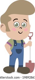 A Cute and Adorable Child Character in Cartoon Style. Kindergarten Preschool Kid Dressed as Professional Farmer. Small Kid with shovel in hand. Dream job. Big Dreams. Life Goals.