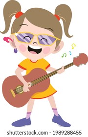 A Cute and Adorable Child Character in Cartoon Style. Kindergarten Preschool Girl Dressed as Professional singer. Small Girl Child singing and playing guitar.  Dream job. Big Dreams. Life Goals.