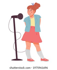 Cute adorable child girl cartoon character singing with microphone. Personage for children music and vocal education, flat vector illustration isolated on white background. Singing kid.