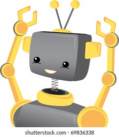 Cute Adorable child robot smiling and cheering with raised arms editable vector illustration