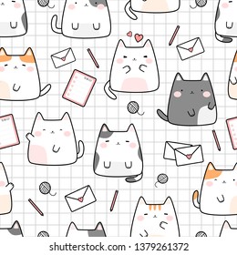 Cute adorable chubby cat kitten cartoon doodle seamless pattern background wallpaper