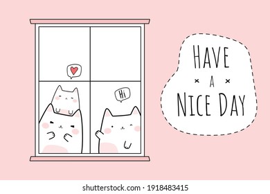 Cute adorable chubby cat kitten family greeting cartoon doodle flat design card background wallpaper, can use for nursery or print on product