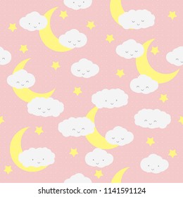 Cute adorable cloud with moon on pink sky background cartoon doodle seamless pattern wallpaper vector eps10