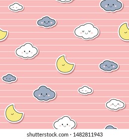 Cute adorable cloud and moon sky pastel color cartoon doodle seamless pattern background wallpaper cover banner
