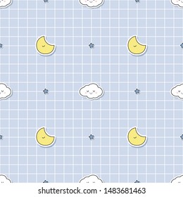 Cute adorable cloud moon star in sky light blue night theme cartoon doodle on grid seamless pattern