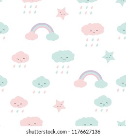 Cute adorable cloud and rainbow pastel color cartoon doodle seamless pattern background wallpaper vector eps10