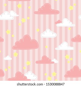 Cute adorable cloud sky and moon on pink striped seamless pattern pastel color style cartoon doodle background wallpaper, can use for nursery, wrapping paper or print on product, vector eps10