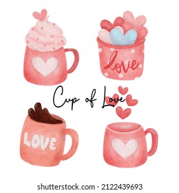 Cute Adorable Coffee Cup Of Love Elements Cartoon Watercolor Vector Collection 