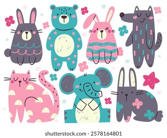 Cute adorable colored animals characters pencil or crayons children hand drawn style beautiful set. Rabbit, bear, bunny, wolf, cat, elephant, hare mascot decorative baby art print vector illustration