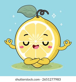 Cute And Adorable Colorful Lemon Fruit Cartoon Characters Doing Yoga And Meditation Illustration
