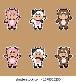 Cute And Adorable Cow standing up. Set of funny little cow in different poses and emotions in cartoon style. Vector Illustration.